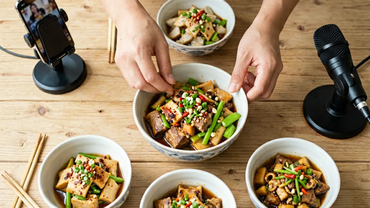 tobu8美食内容精选：美食博主在厨房烹饪的特写镜头